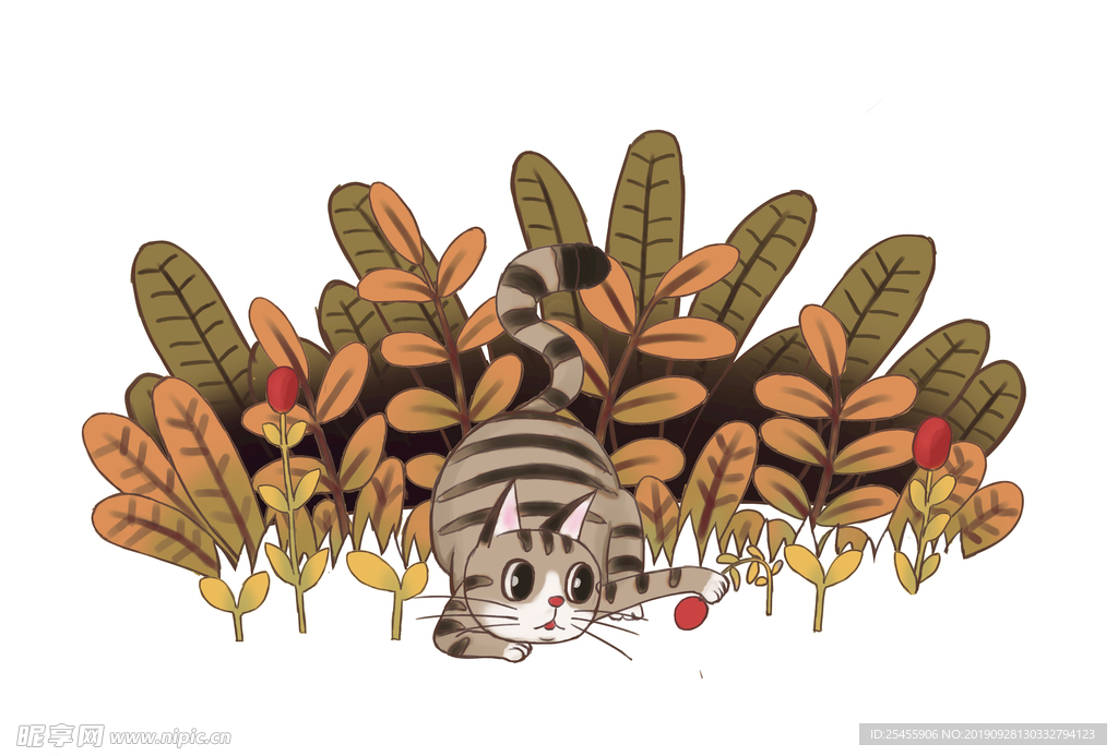 小猫宠物植物手绘插画