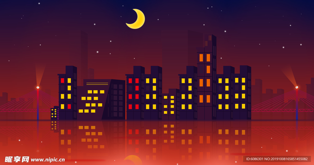 霓虹夜景城市科技大厦海报插画