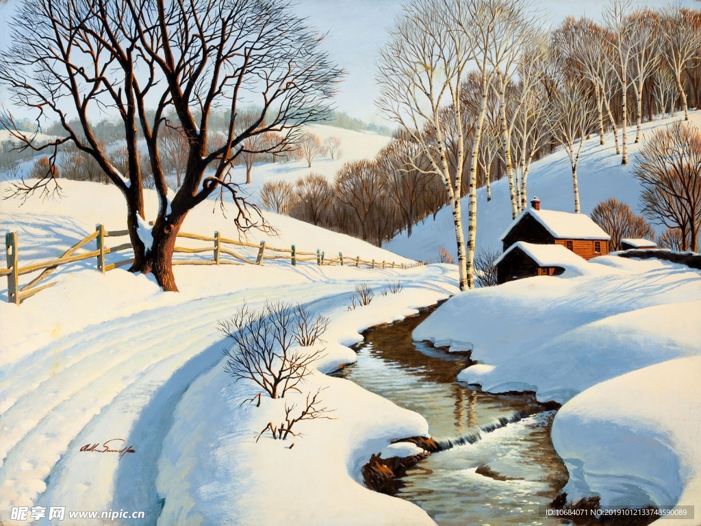冬季雪屋河流松樹背景