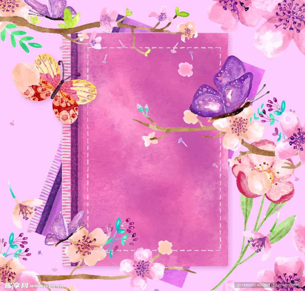 彩色紫色花枝和蝴蝶书籍