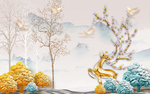 新中式麋鹿发财树油画装饰画