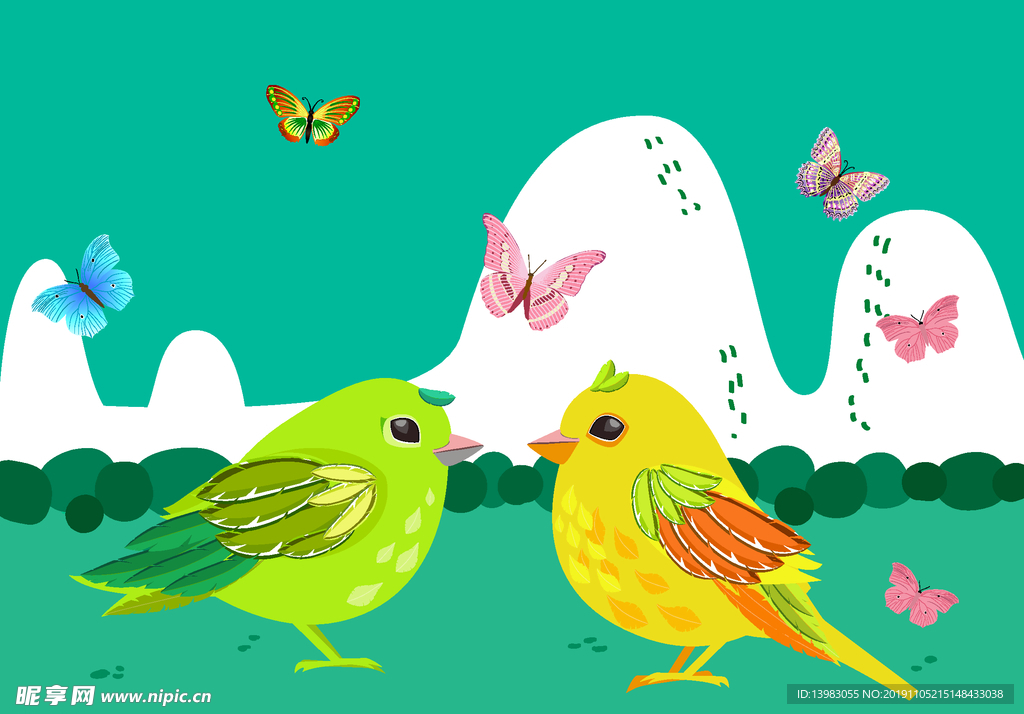 绿色彩绘情侣鸟