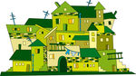 绿色卡通组合城堡可爱小镇素材