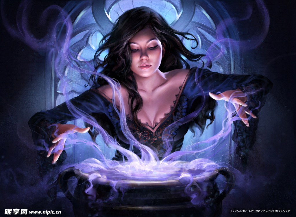 神秘黑暗城堡黑魔法女巫形象手绘