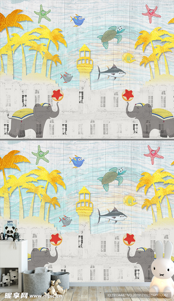 海洋风情儿童房卡通背景墙