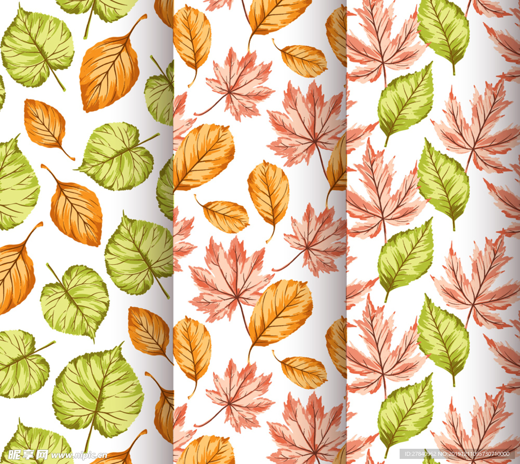 3款彩色秋季树叶无缝背景设计矢