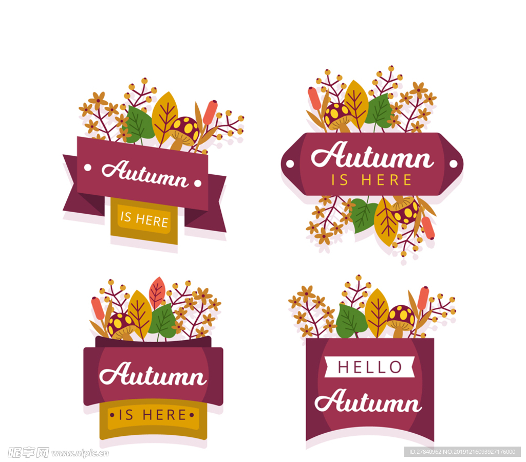 4款创意秋季树叶标签矢量图