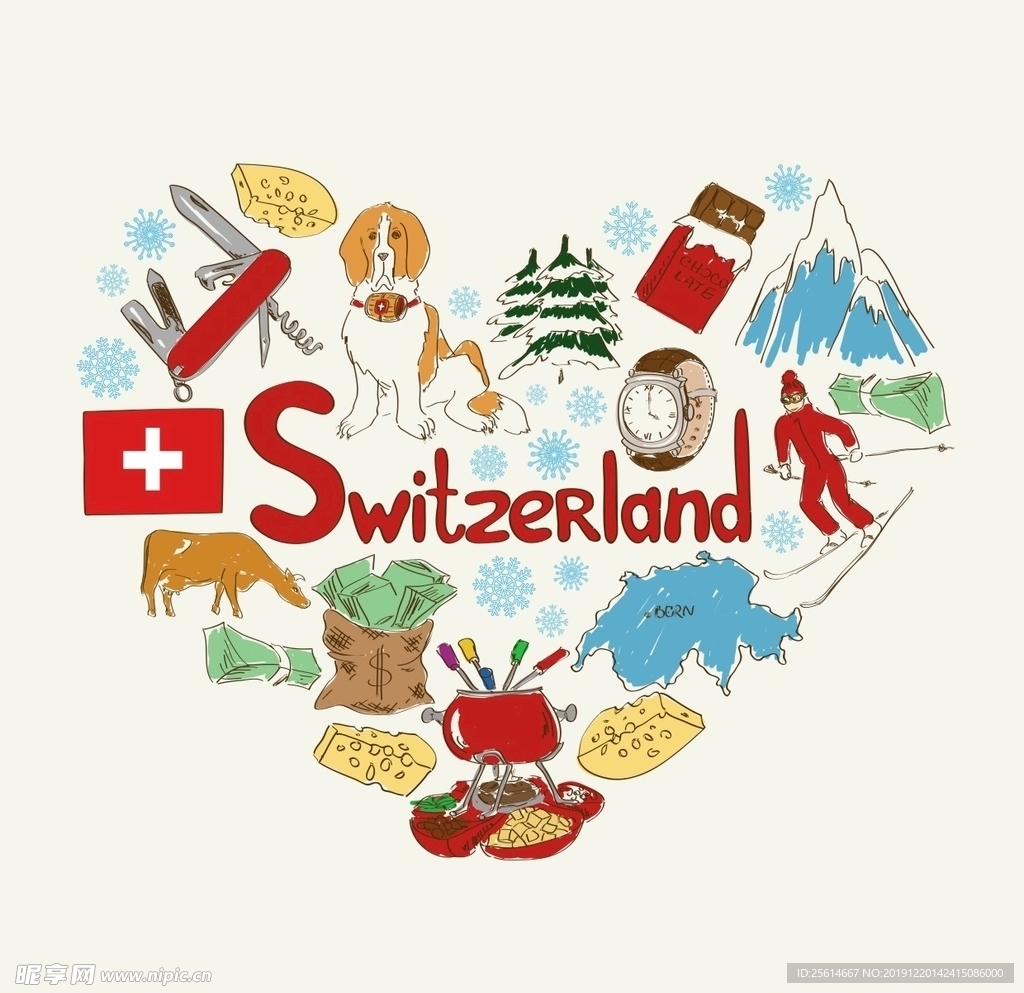 瑞士旅游手绘元素
