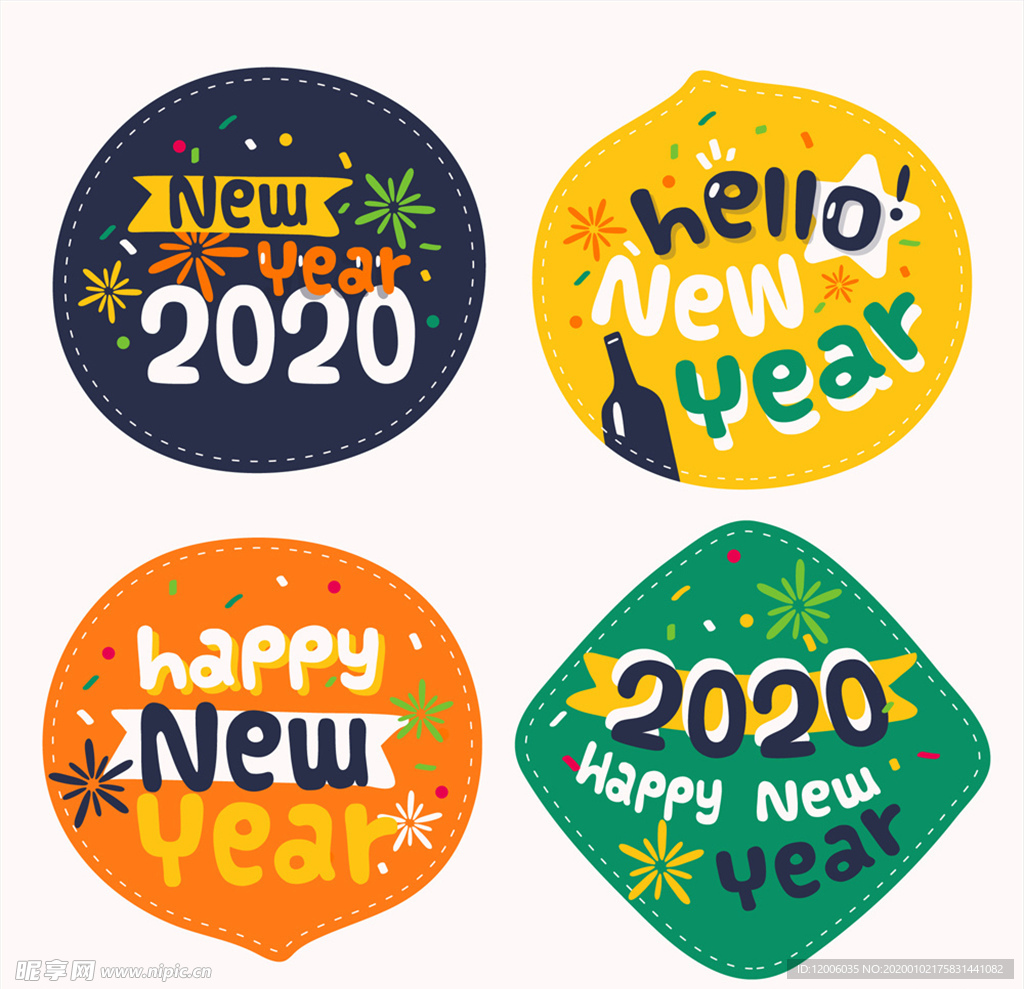 4款彩色2020年新年标签