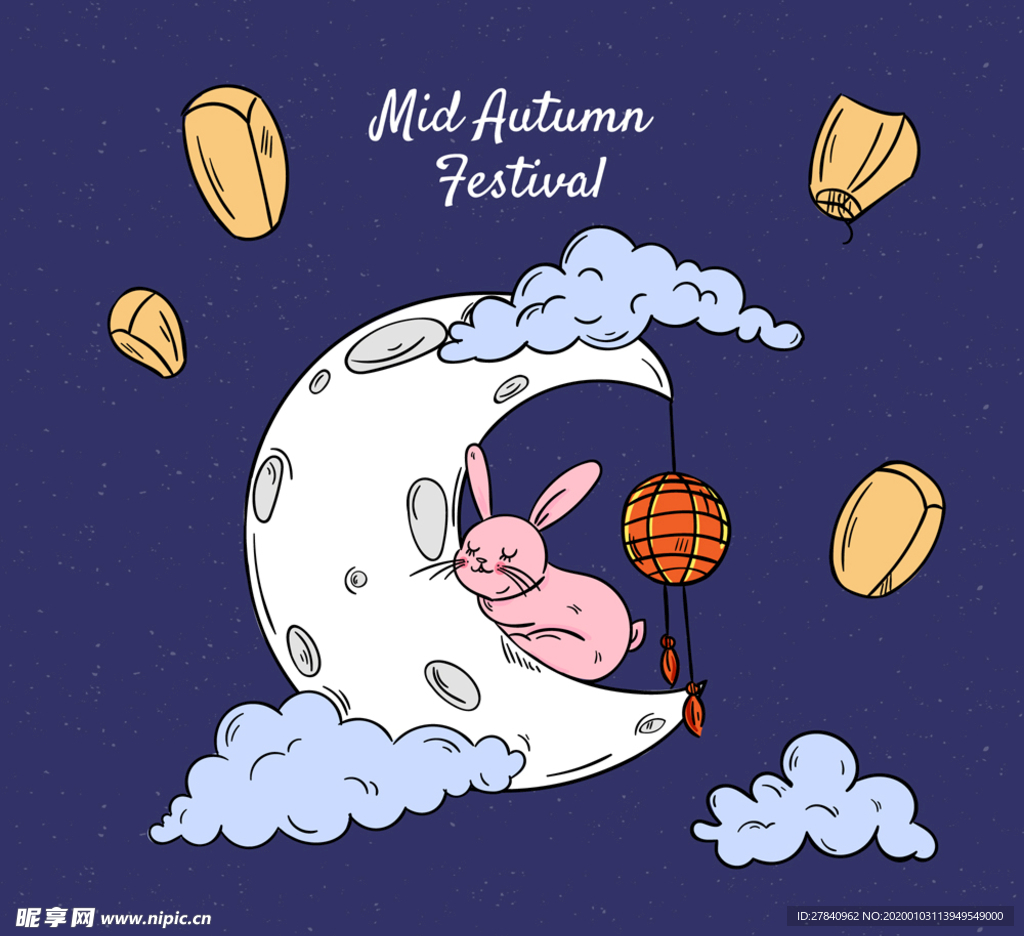 彩绘中秋节月亮和兔子矢量素材