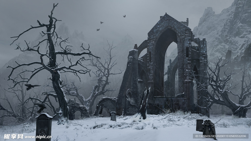 冬天大雪廢墟建筑風(fēng)景