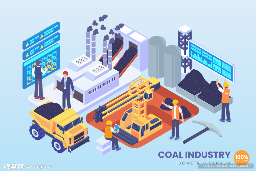 煤炭开采生产场景插画