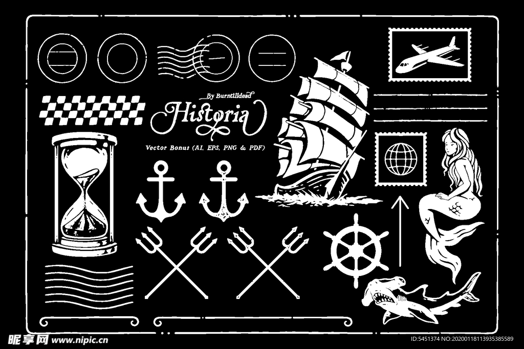 手绘黑白航行海洋邮票