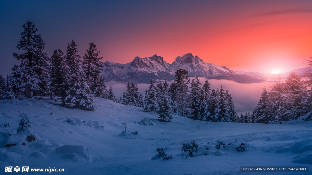 群山大雪夕陽天空陽光風景