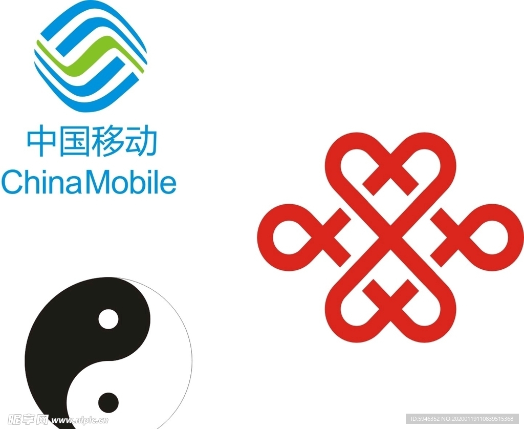 中国移动标志，联通标志，八卦图