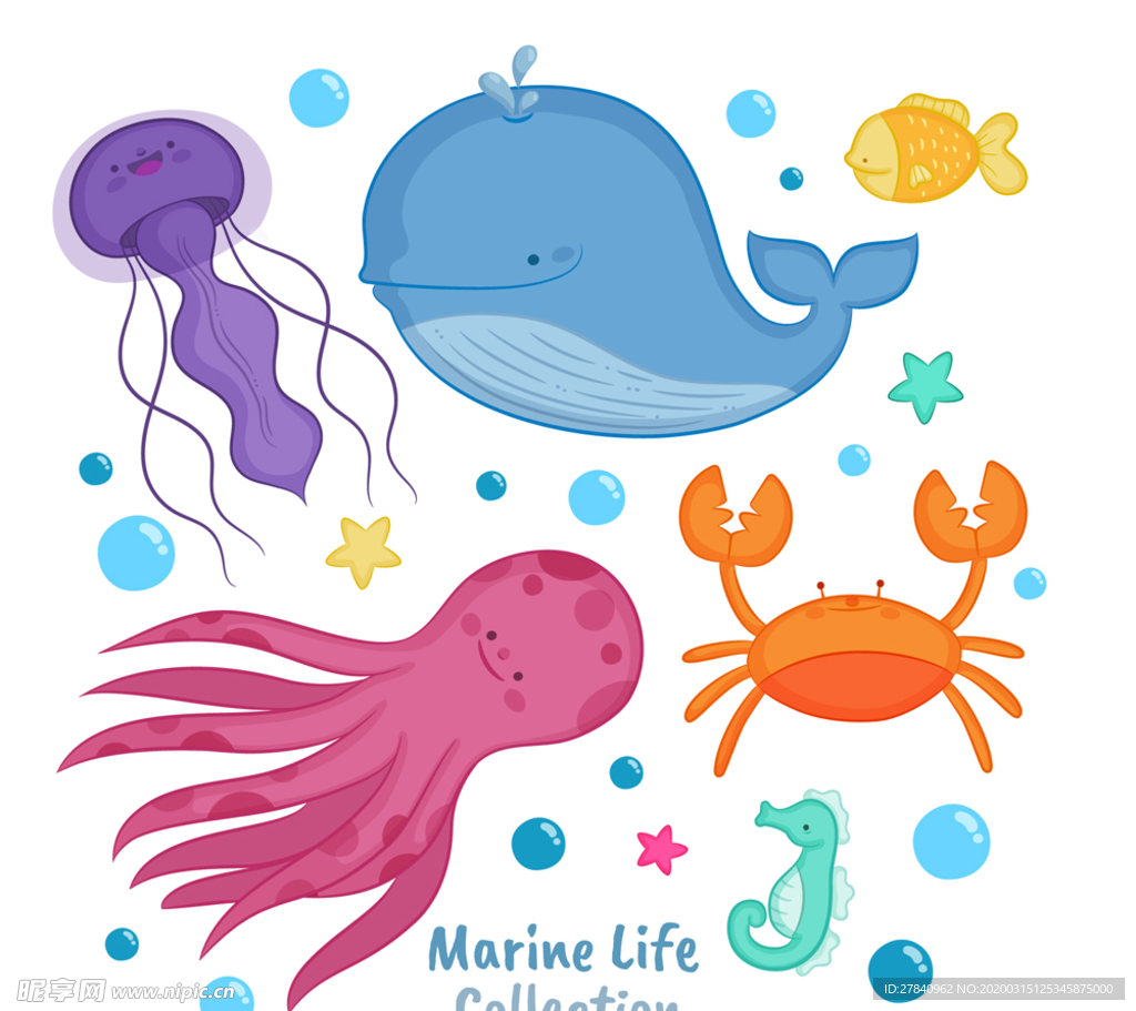6款卡通海洋动物设计矢量图