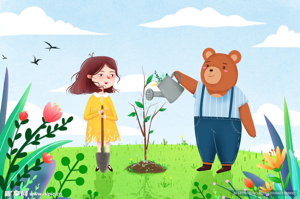手绘女孩和小熊给树浇水插画图片