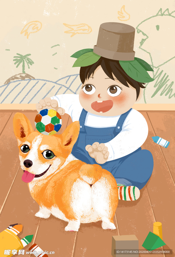 儿童与狗玩耍插画