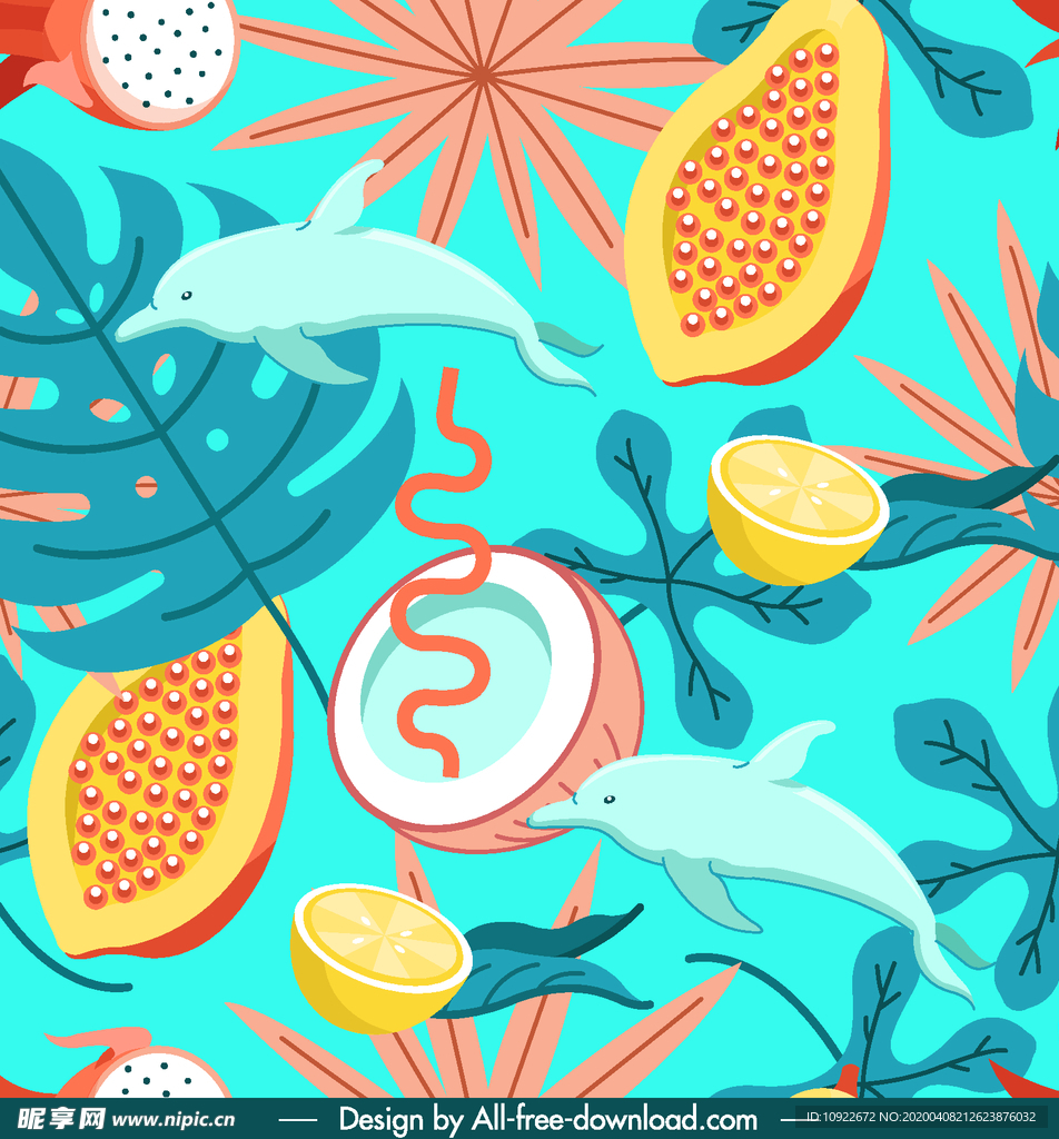 彩色热带水果 海豚无缝背景