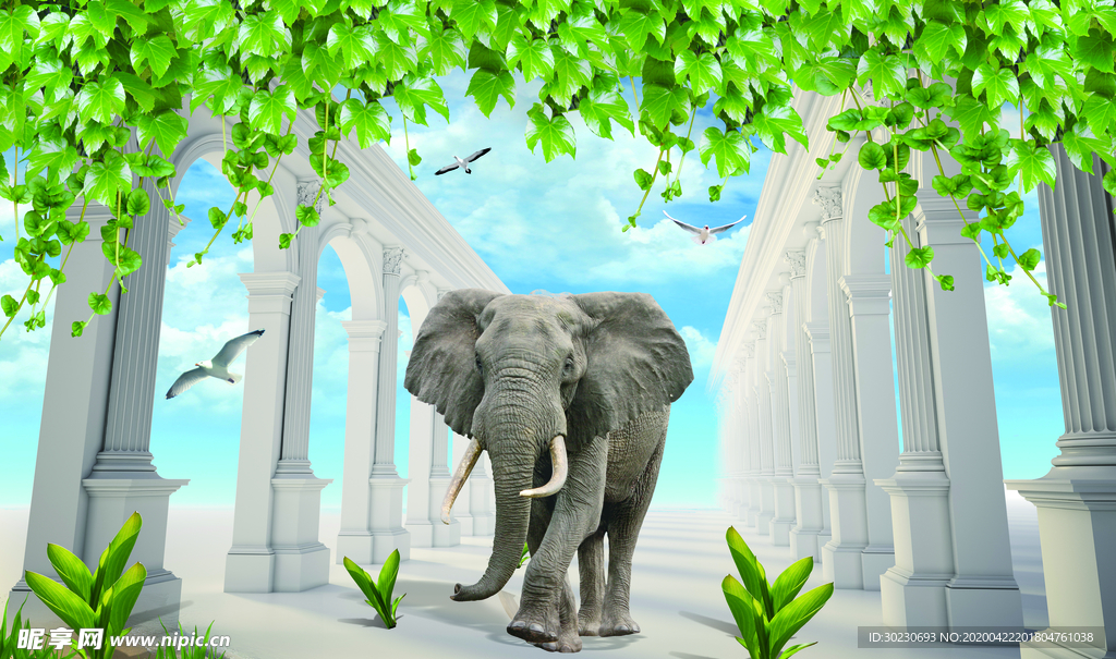 3D立体大象罗马柱