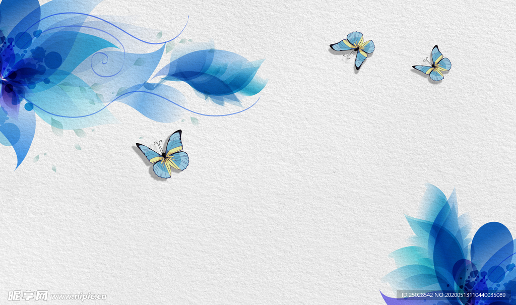 梦幻蓝色花朵蝴蝶电视背景墙壁画