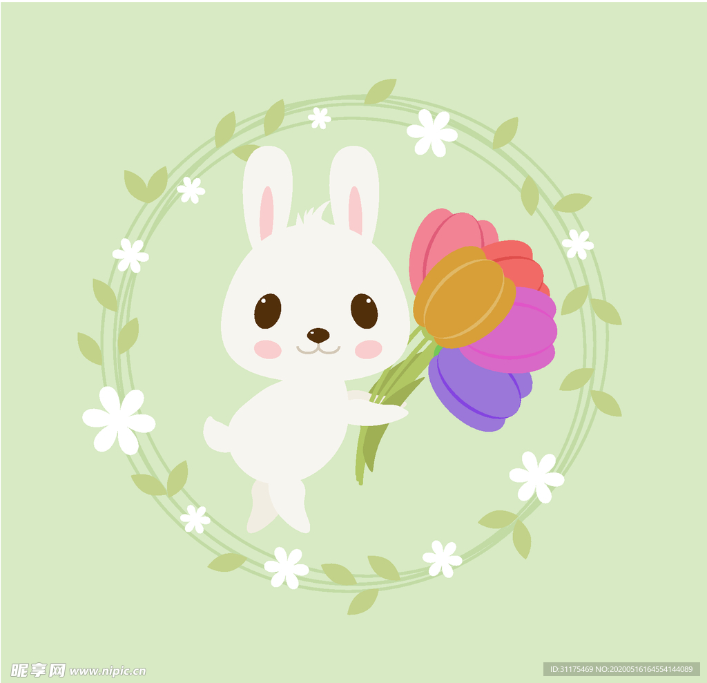 小兔子 花環 花朵 矢量分層