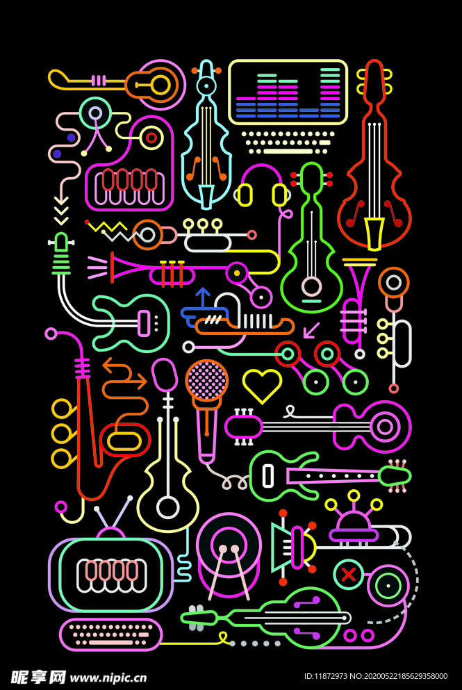 音乐符号乐器吉他描边霓虹灯素材