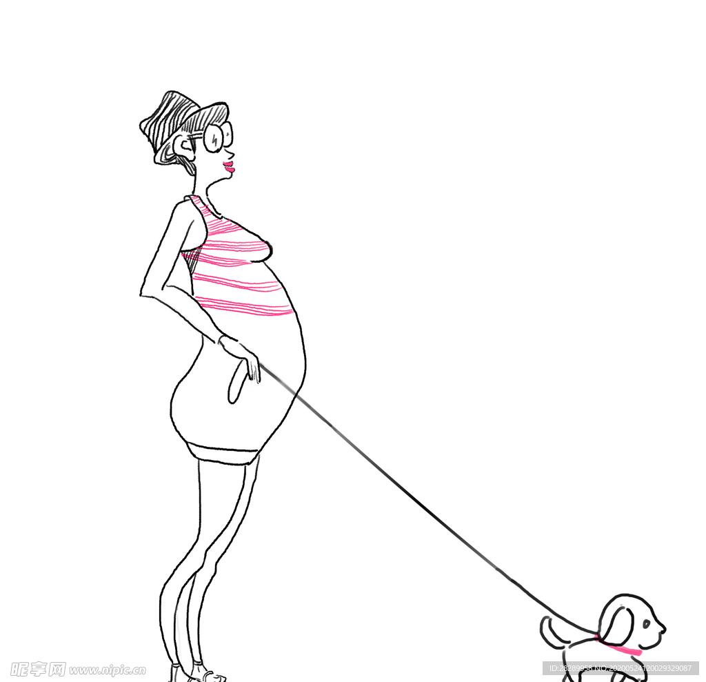 原创手绘牵狗的孕妇