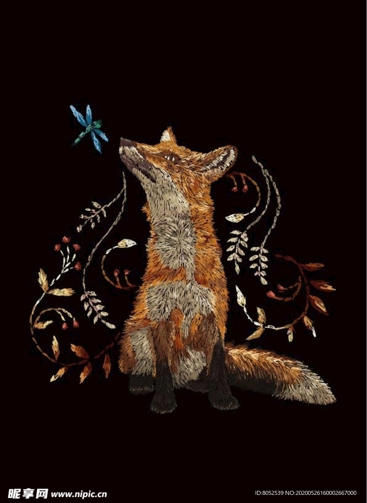狐狸 绣花  服装图案 T恤
