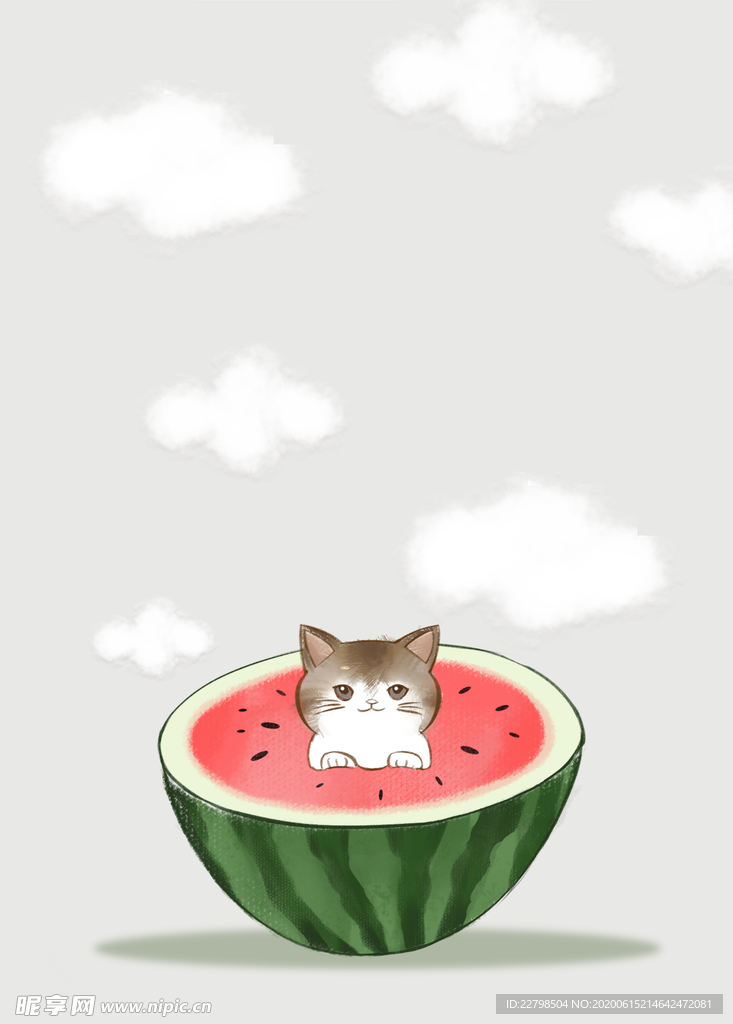 西瓜和貓咪手繪插畫
