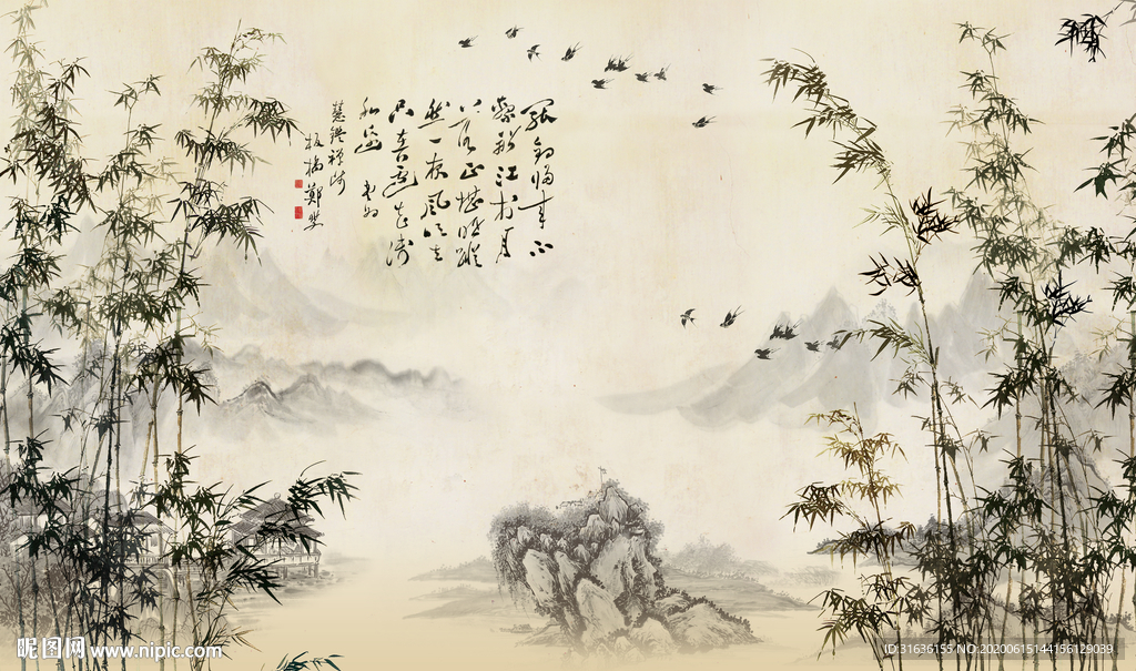 中式竹林飞鸟背景