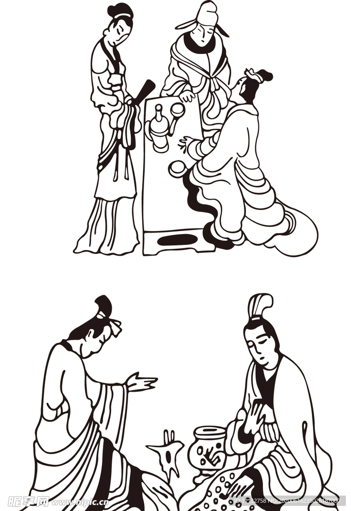 古代线描喝酒品酒中国风传统文化
