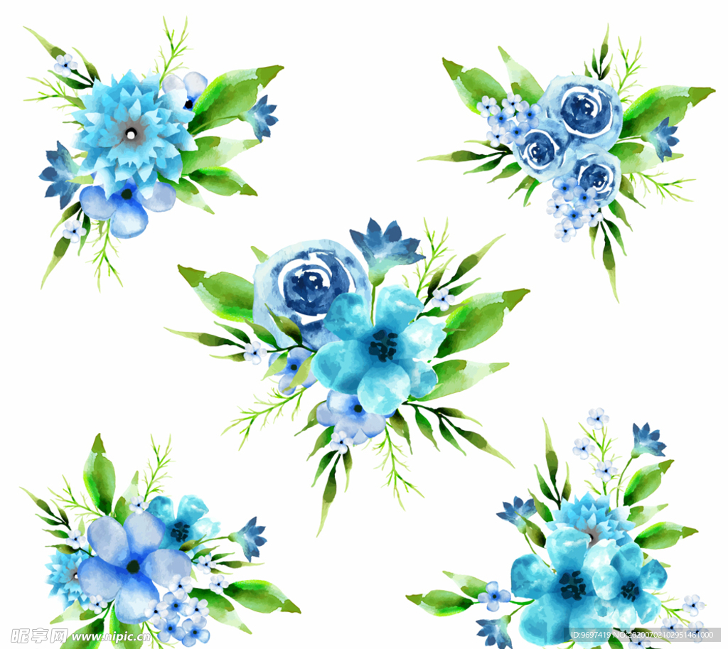 水彩绘蓝色花束