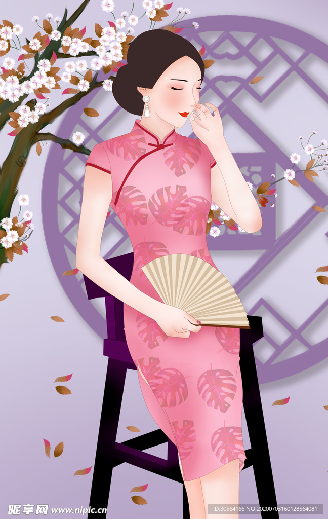 旗袍女性人物插畫卡通背景素材