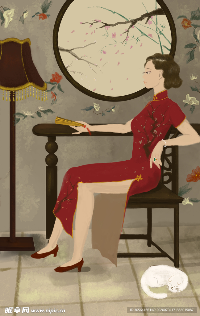旗袍女性人物傳統插畫背景