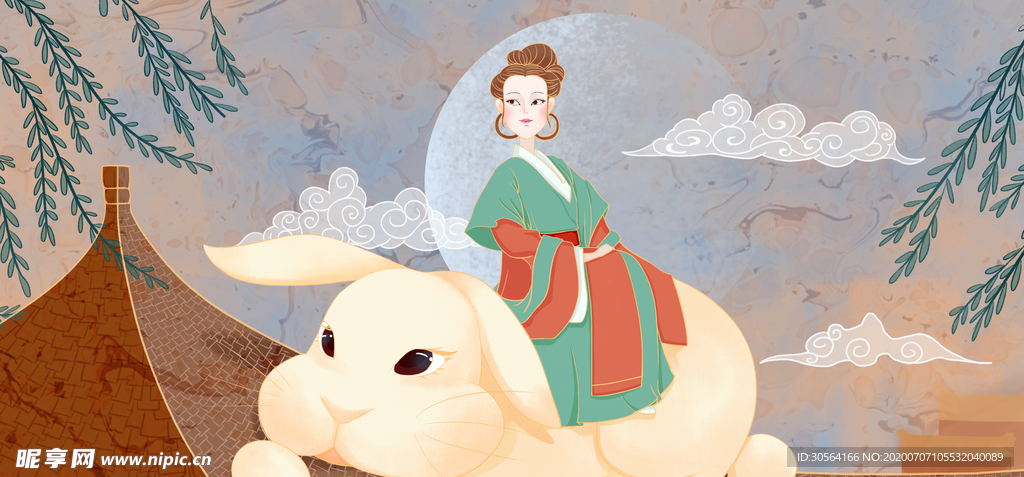 中秋月兔传统国风插画卡通背景