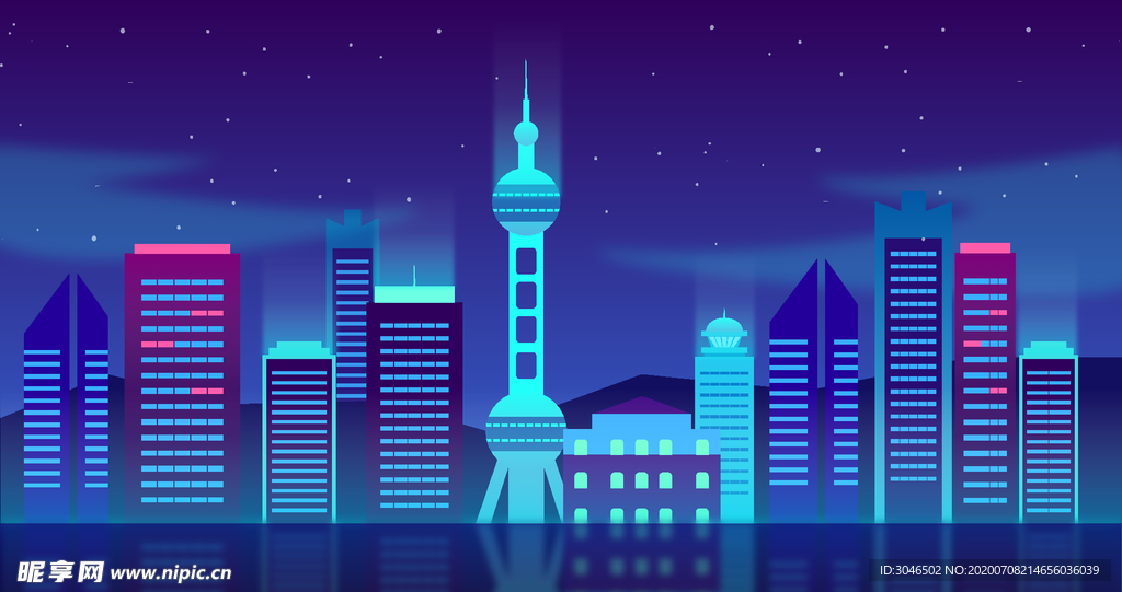 上海夜景建筑群插画