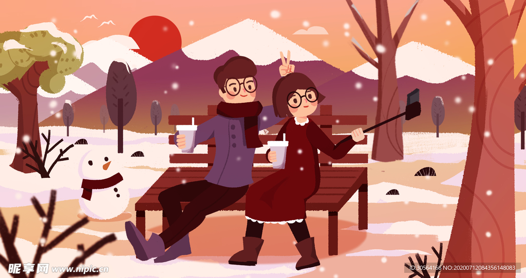 冬季情侣人物插画卡通背景素材