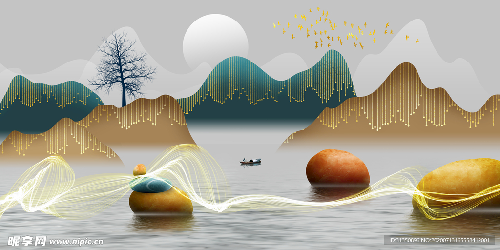 新中式鎏金线条风景山水装饰画