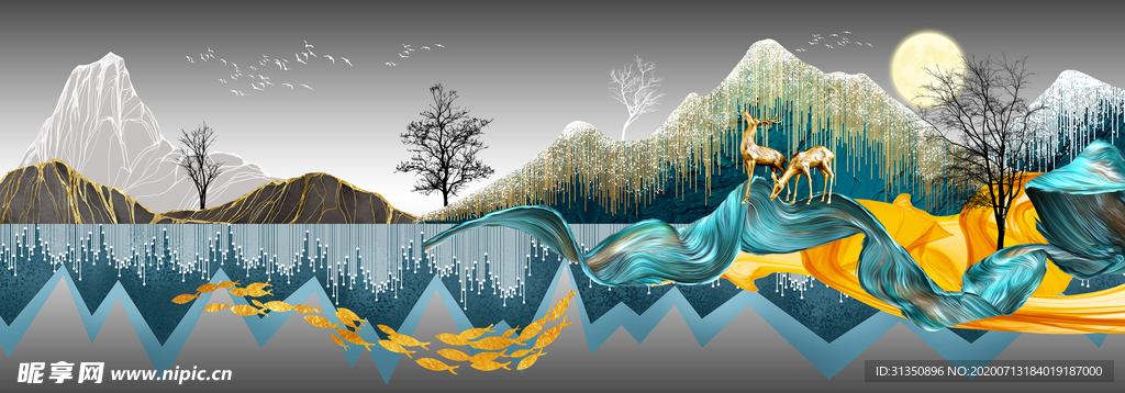 新中式山水飘带丝绸麋鹿装饰画