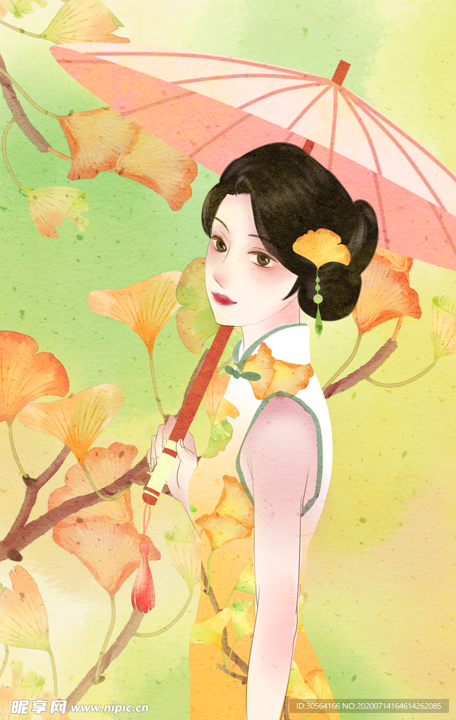 旗袍人物女性國風插畫素材