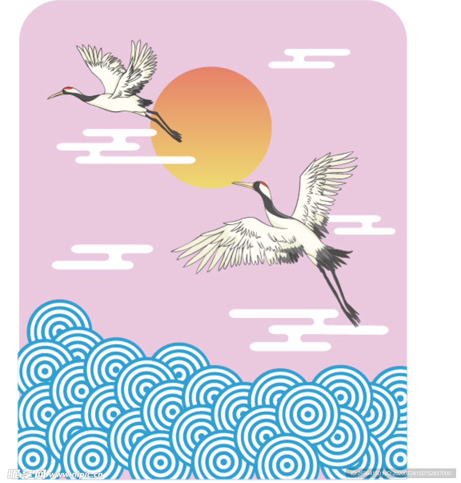 碧海連天祥云仙鶴