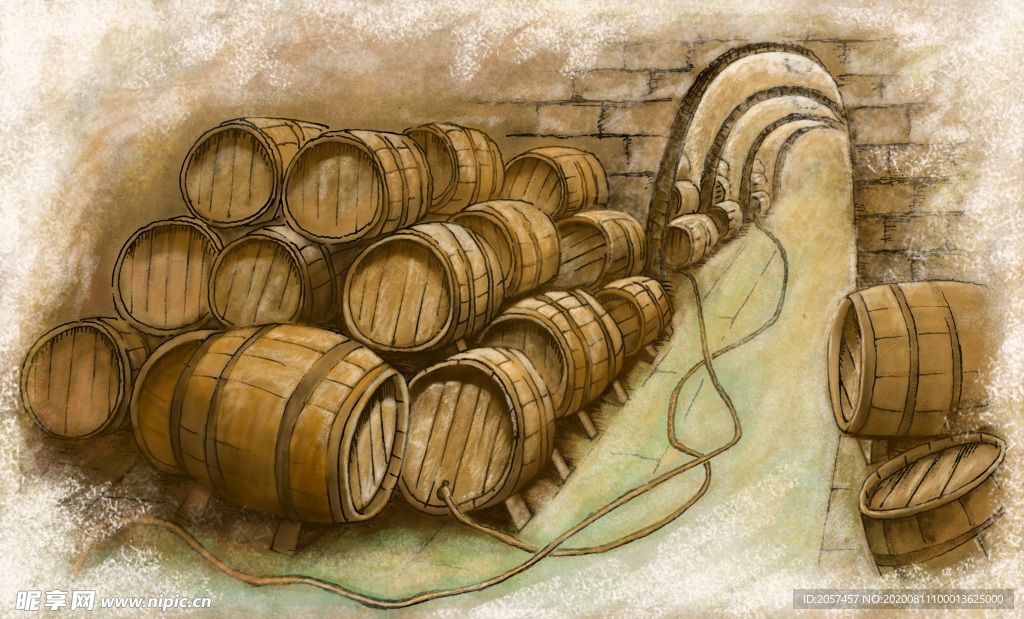 酒窖橡木桶葡萄