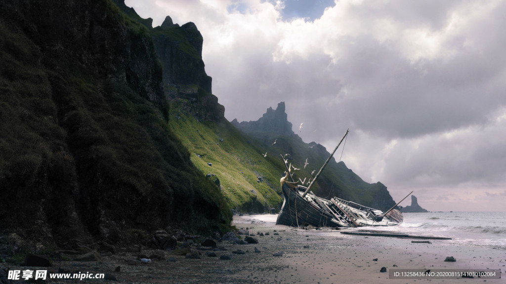 大海沉船天空白云風(fēng)景