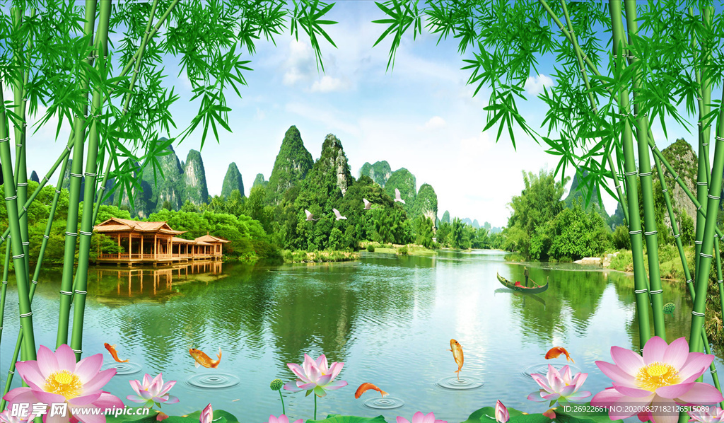 山水畫(huà) 荷花竹子 電視背景墻