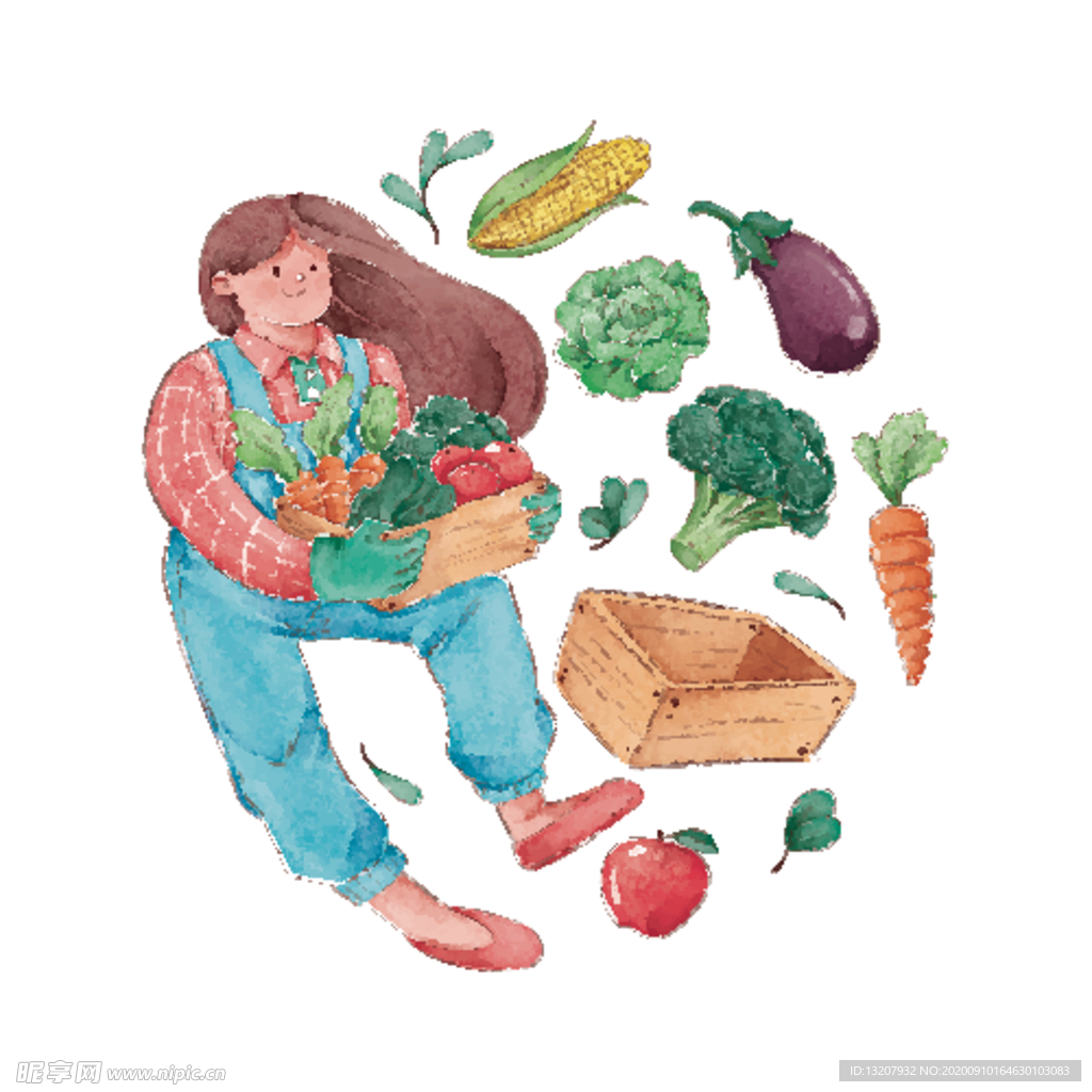 手绘人物与蔬菜