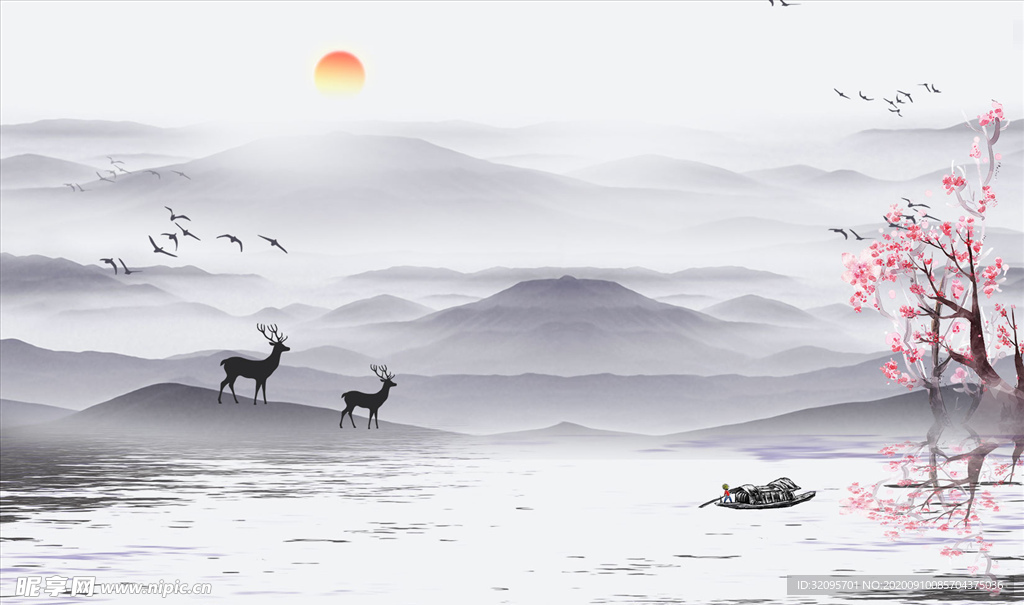 水墨山水 鹿 背景墻