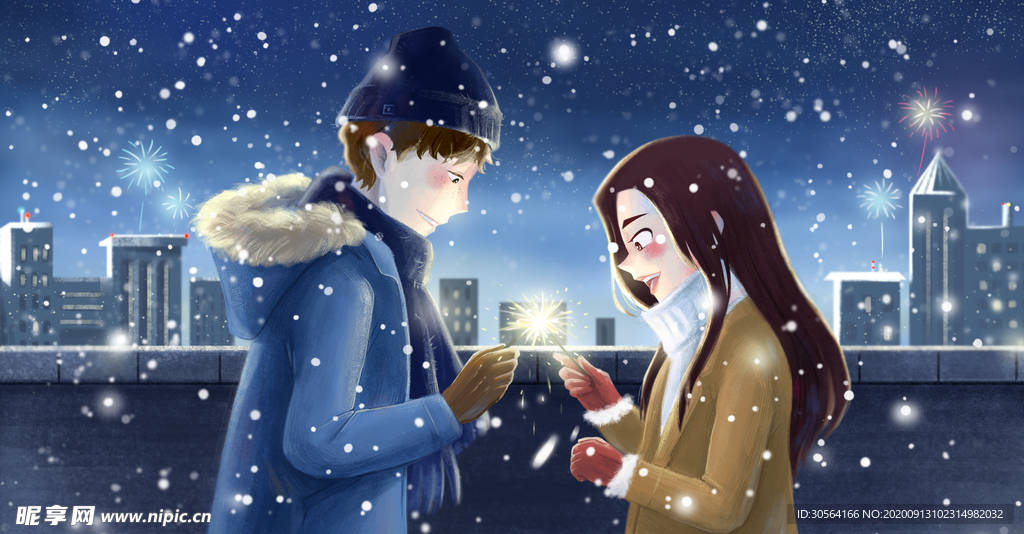 冬季情侣人物插画卡通背景