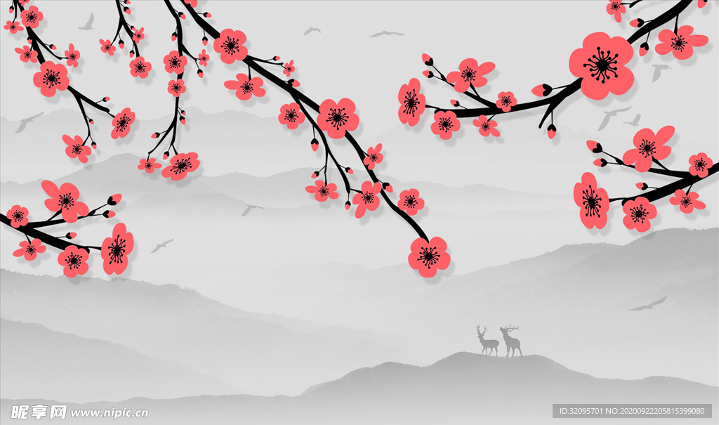 水墨山水 梅花 鹿 背景墻