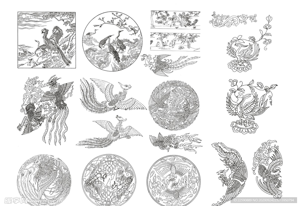 中国古代传统凤凰手绘矢量图案
